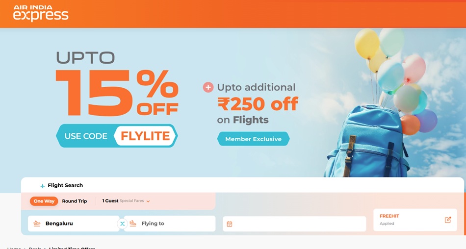 Enjoy upto 15% off Xpress Lite cabin-bag only fares, and zero convenience fees, only on airindiaexpress.com.
